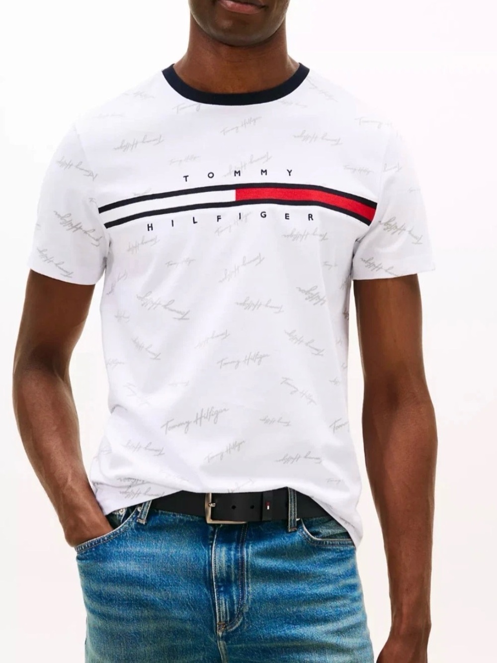Tommy Hilfiger Men's Regular Fit Cotton Signature Script Stripe Logo T-Shirt Tee
